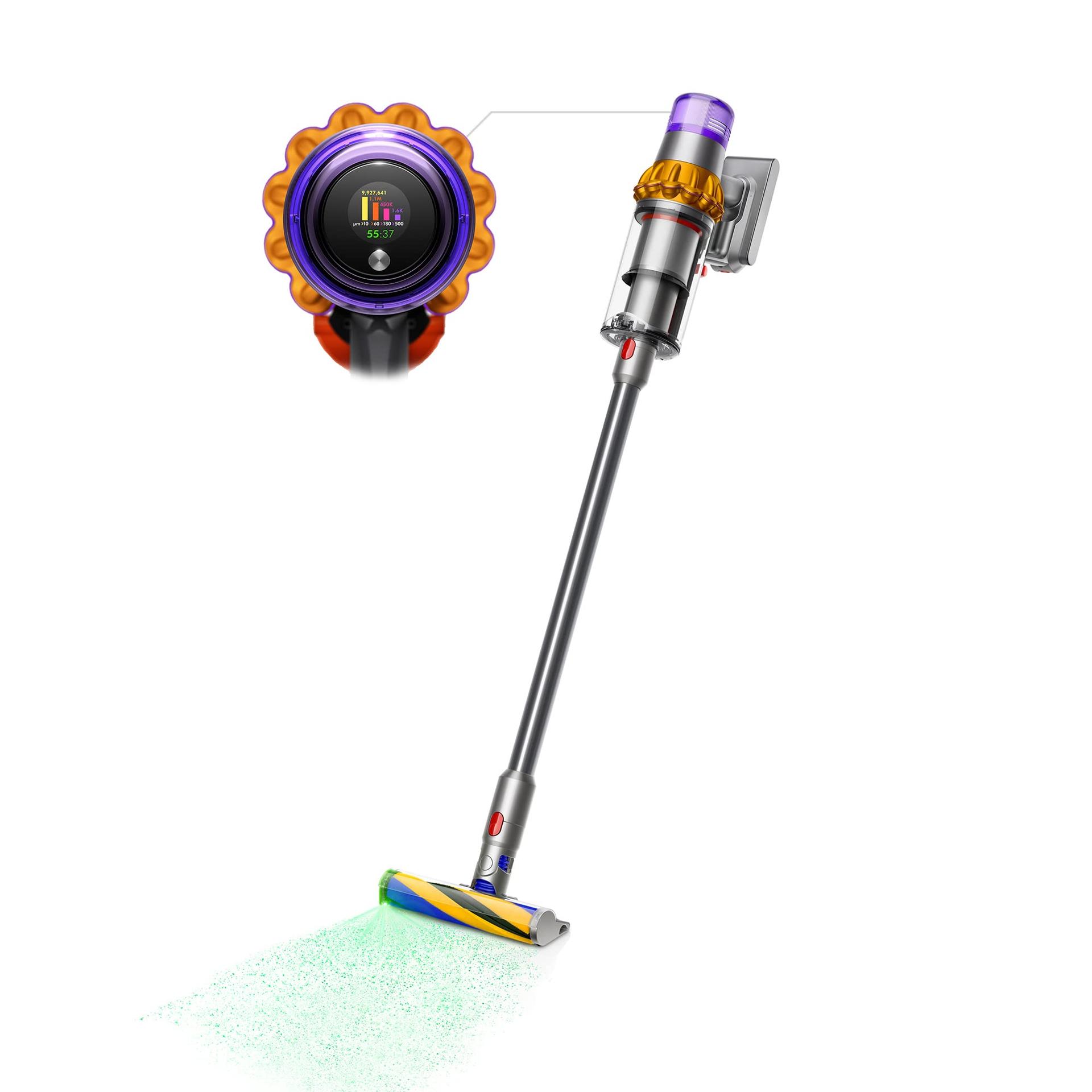 ** Dyson V15 Detect Cordless Vacuum Cleaner with Laser, Multicolor, 10.5"L X 9.8"W X 49.6"H

**DESCRIPTION:** Experience the cutting-edge Dyson V15 Detect Cordless Vacuum Cleaner, the ultimate in cordless stick vacuums. This innovative vacuum features a laser that reveals even microscopic dust particles, ensuring a thorough and deep clean throughout your entire home. Engineered for homes with pets, it provides up to 60 minutes of run time, adapting suction and run time based on debris level and floor type. The LCD screen displays real-time data on particles picked up and remaining run time, keeping you informed as you clean. With two advanced cleaner heads for different floor types, a handheld mode for versatility, and 7 Dyson-engineered tools including a hair screw tool for pet hair removal, this vacuum is a powerhouse in deep cleaning. Plus, with advanced whole-machine filtration trapping 99.99% of particles and a washable filter for sustainability, the Dyson V15 Detect is a premium choice for a cleaner home. Say goodbye to hidden dust and hello to a pristine living space with the Dyson V15 Detect Cordless Vacuum Cleaner.