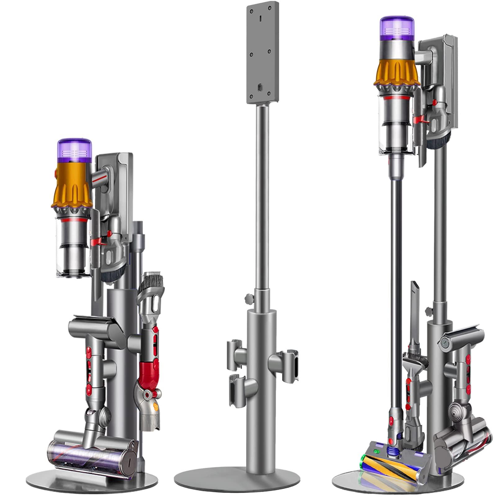 Height-Adjustable Aluminum Vacuum Stand for Dyson V15, V12,V11, V10,V8,V7 - Steel Base, Clips for 9 Attachments, Cable Slot