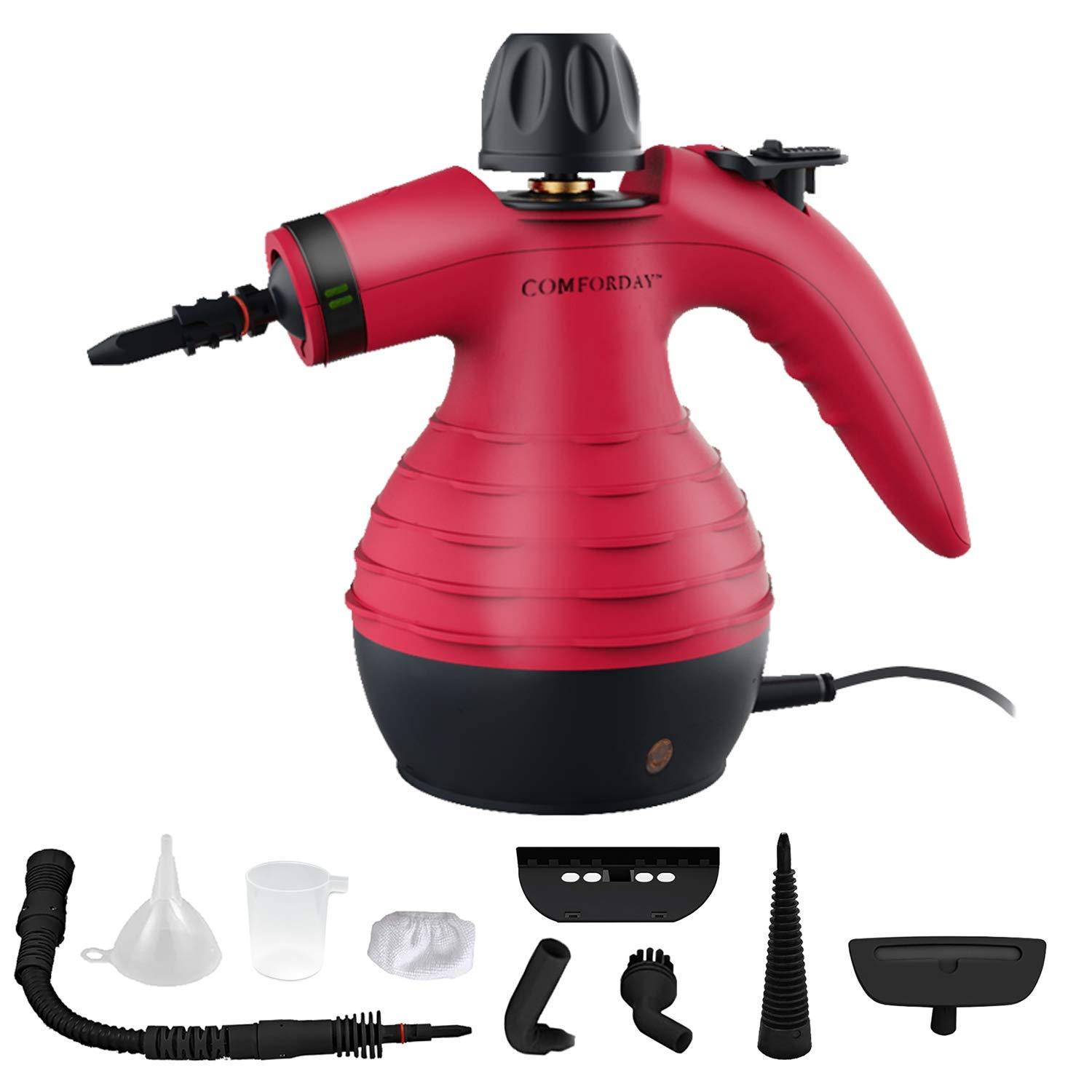 Upgraded Handheld Steam Cleaner By Comforday - Multi-Purpose Pressurized Steamer With Fit Lock, Stain Removal, Carpet and Upholstery Cleaning - 9-Piece Accessory Kit Included