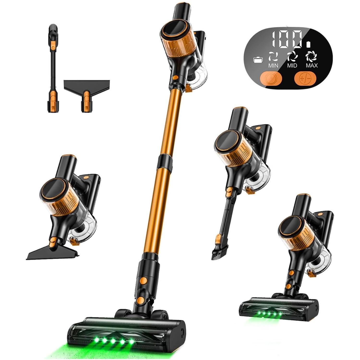 Budget-Friendly Cordless Stick Vacuum Cleaner with 30Kpa Suction Power and Green LED Light - Orange