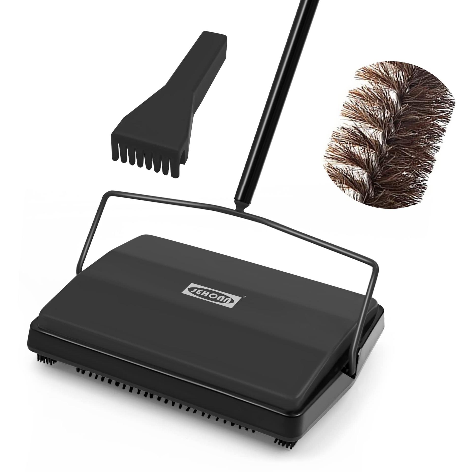 Manual Carpet Floor Sweeper with Horsehair Brush for Pet Hair and Debris Cleaning (Black)