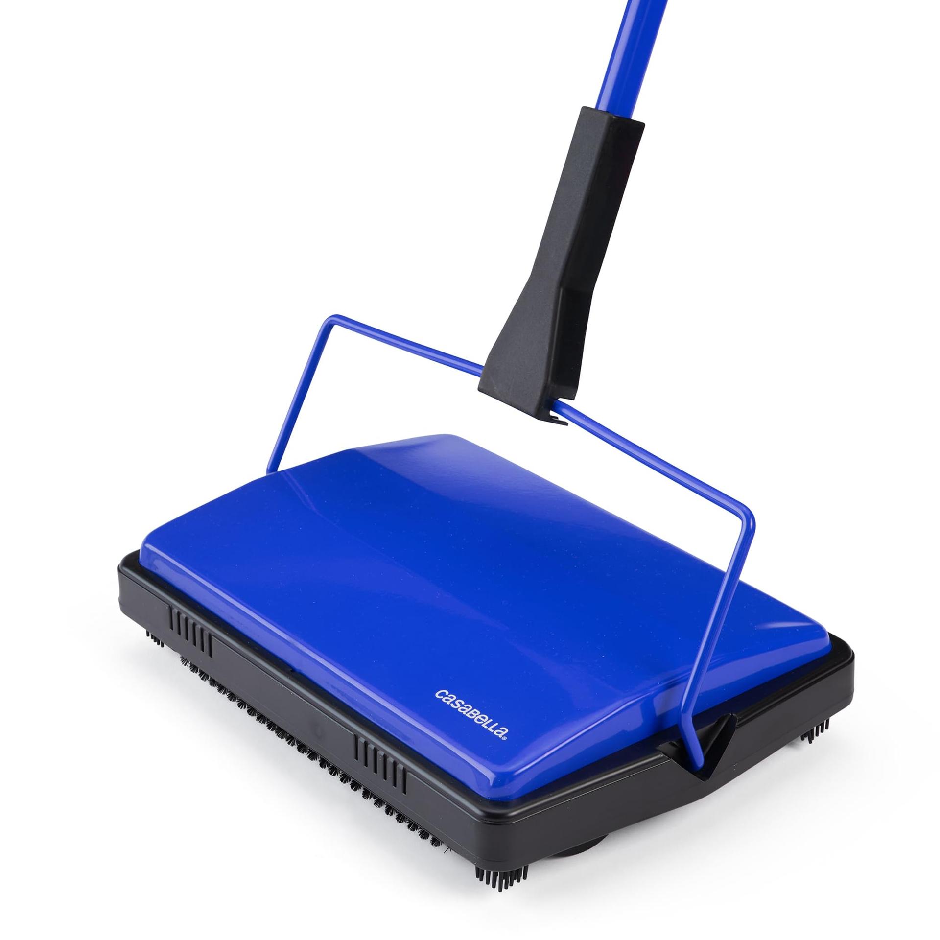 Casabella 11-Inch Electrostatic Carpet And Floor Sweeper | Manual Vacuum Broom With Dual Rotating Brushes | Cordless Home Cleaning Tool | Blue