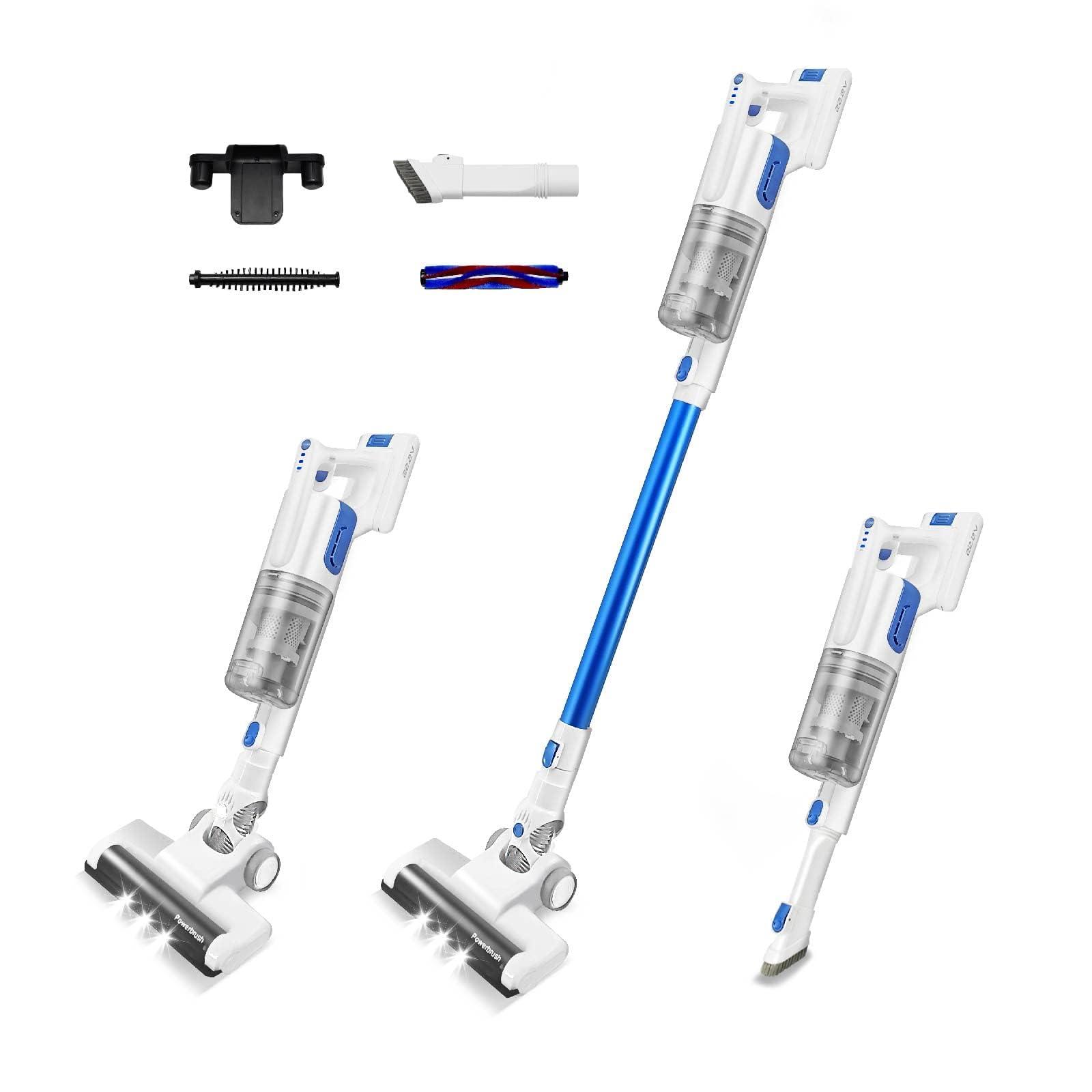 Bebemor Cordless Vacuum Cleaner - 60 Min Long Runtime Lightweight Stick Vacuum with Crevice Tool and Dusting Brush for Home, Carpet, Hardwood Floor (Blue)