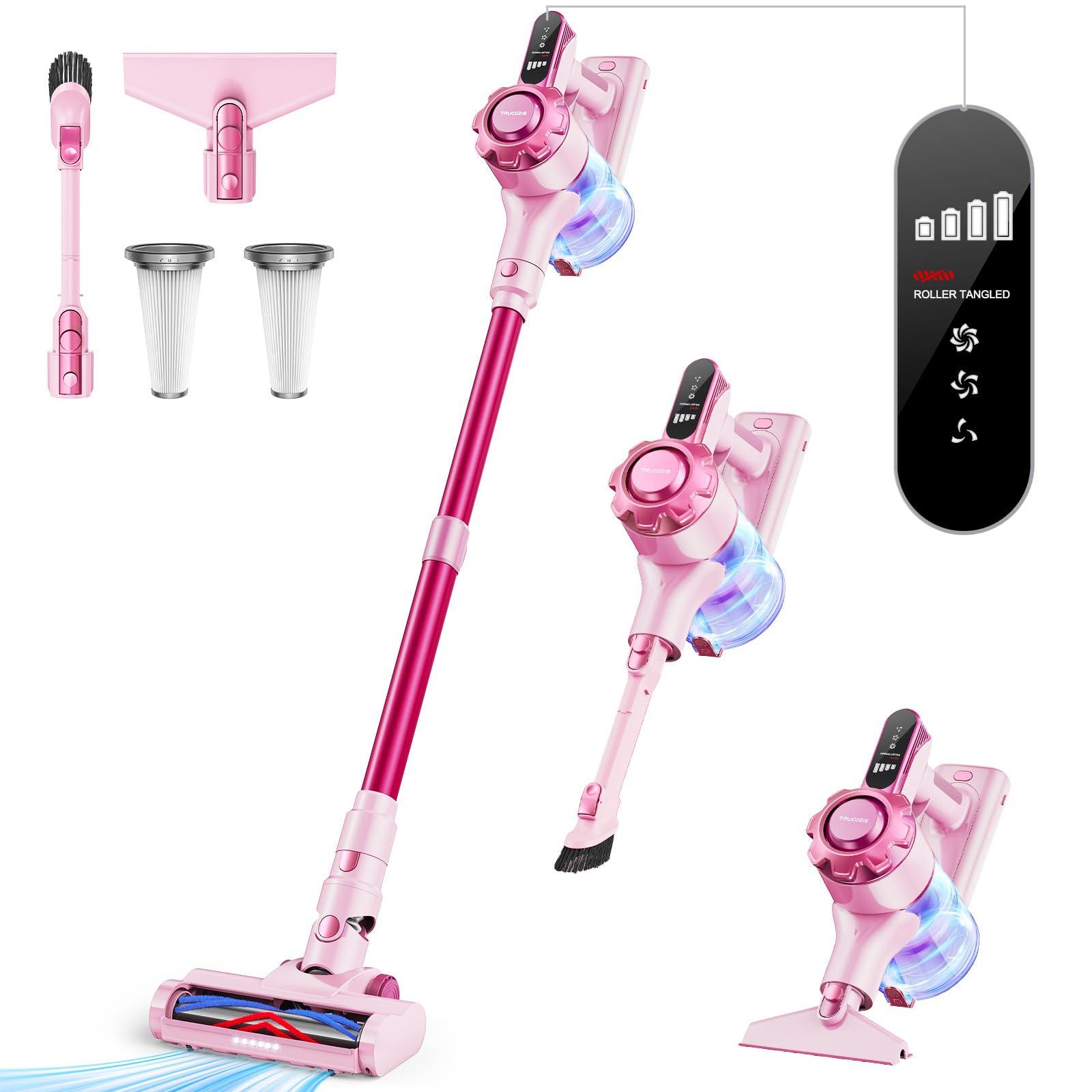 Lightweight Pink Cordless Vacuum Cleaner for Pet Hair Removal - 8-in-1 Stick Vacuum with Powerful Suction and 45Mins Runtime