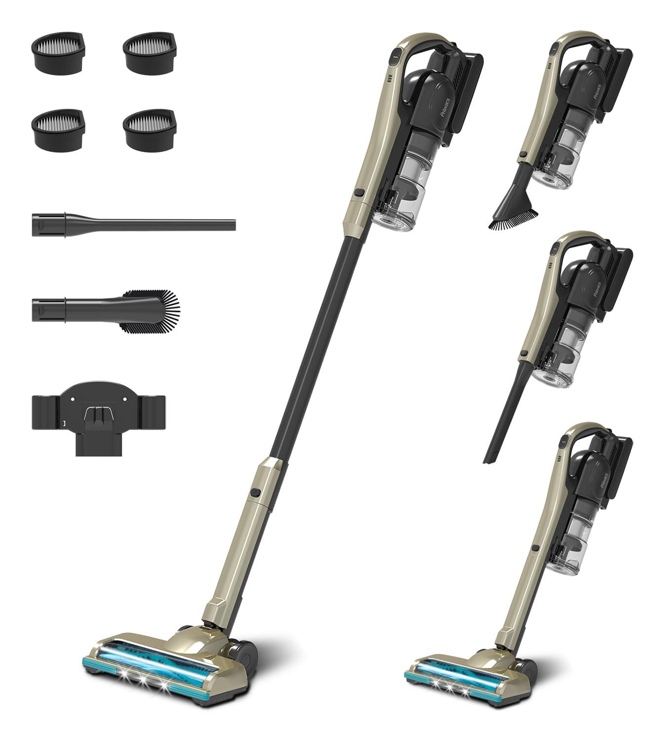 Prisvacs 25Kpa Powerful Cordless Stick Vacuum Cleaner with Tangle-Resistant Brush, Fast-Charging Battery for Pet Hair, Carpet, Stairs - 4 Hepa Filters