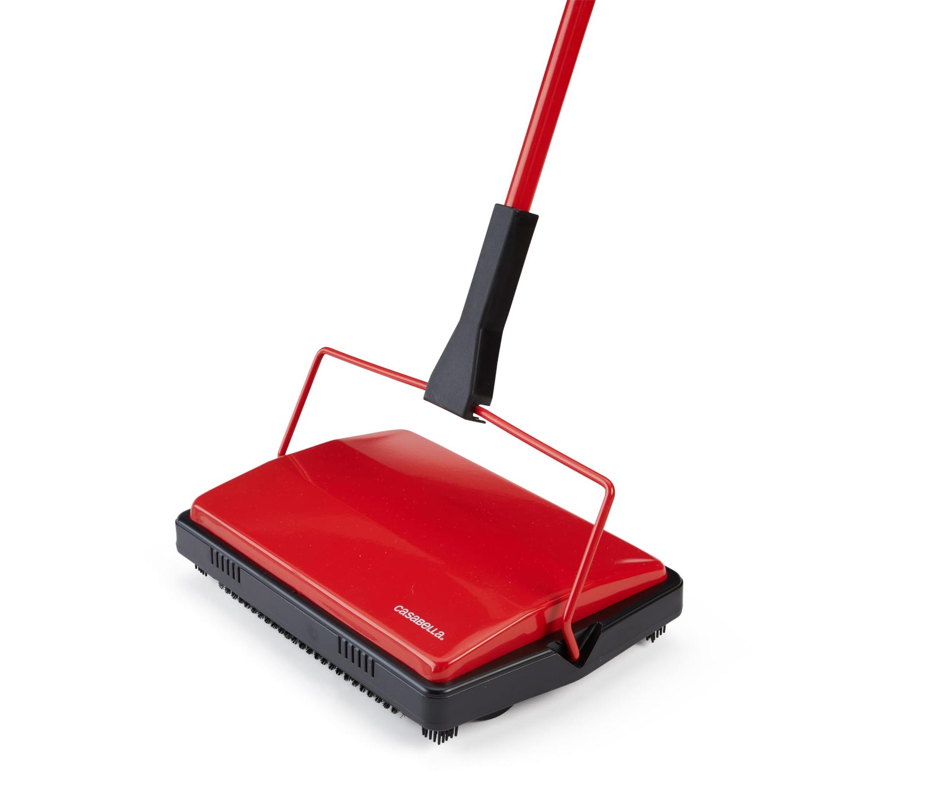 Casabella 11-Inch Electrostatic Floor and Carpet Sweeper | Manual Vacuum Broom with Dual Rotating Brush Rolls System | Ideal Home Cleaning Tool | Red