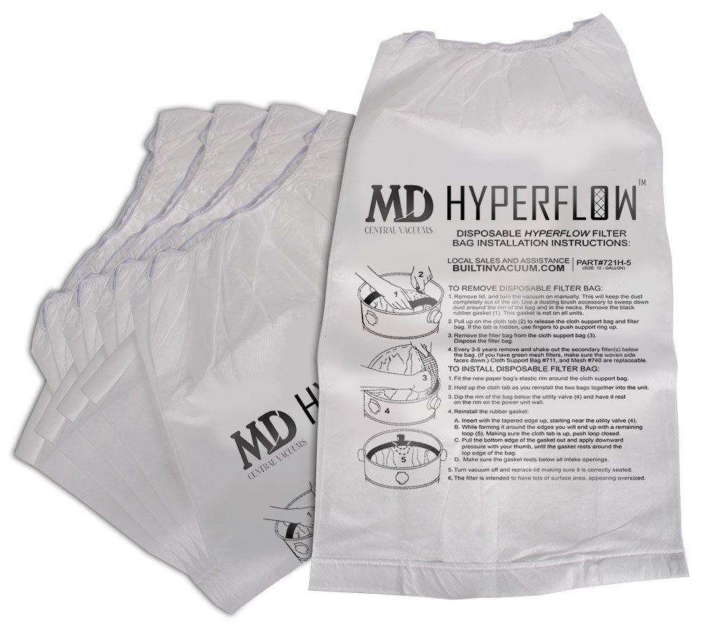 MD Central Vacuum Hyperflow Paper Bags, 5-Pack (12-Gallon) - Genuine OEM Filtration