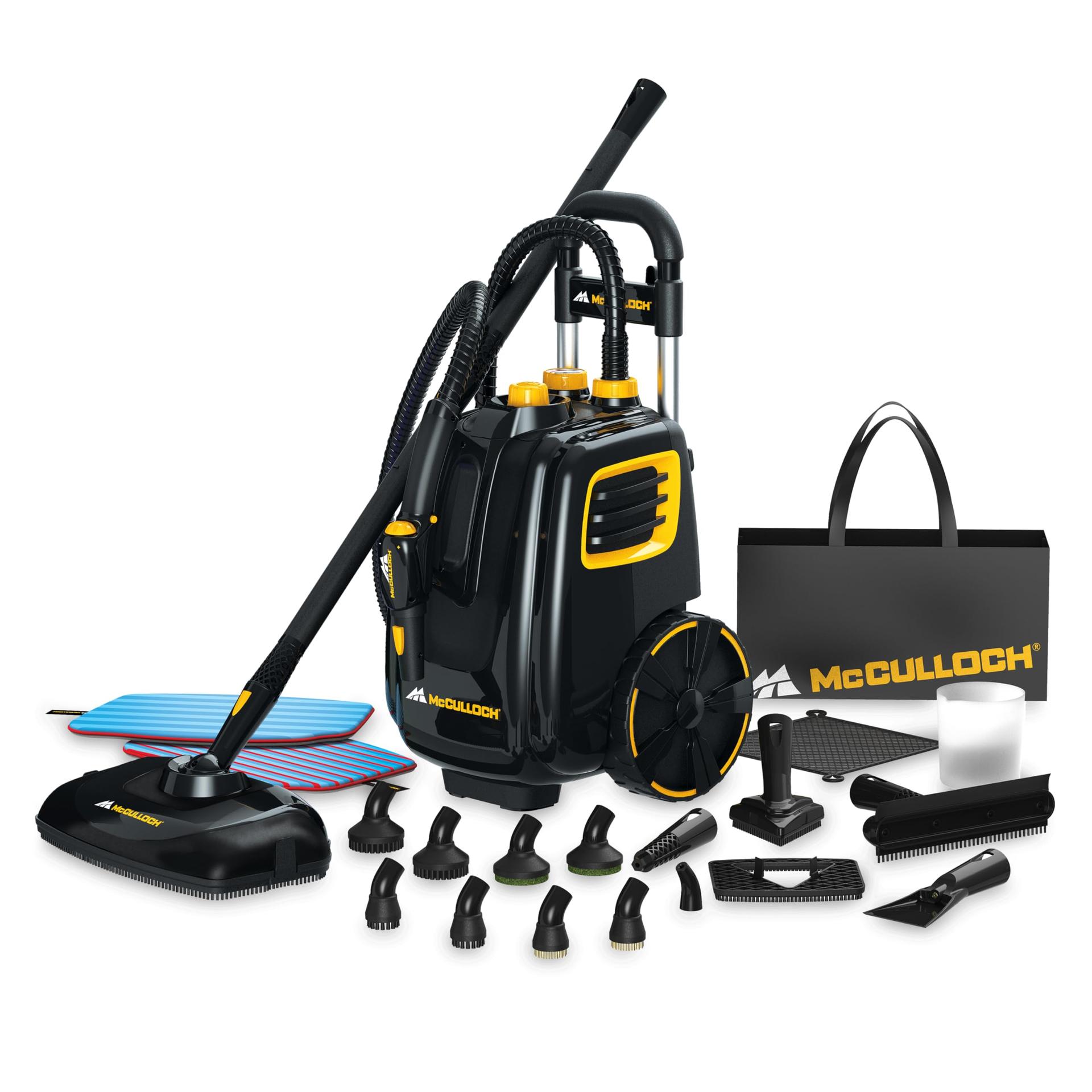 McCulloch MC1385 Deluxe Canister Steam Cleaner - Chemical-Free Pressurized Cleaning System with 23 Accessories for Floors, Counters, Appliances, Windows, Autos, Black