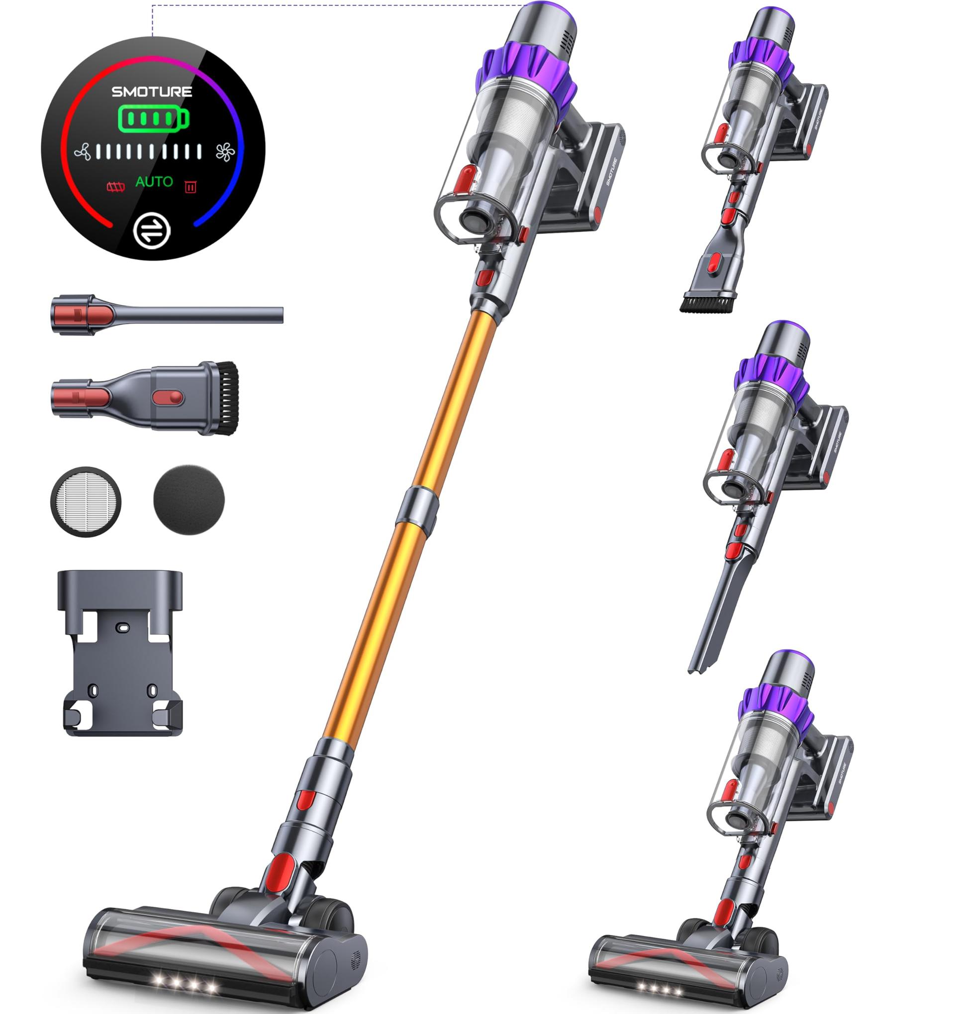 Powerful Smoture Cordless Vacuum Cleaner for Home - 450W 40Kpa, Self-Standing, Rechargeable Vacuum Cordless for Pet Hair, Hardwood Floor, Tile