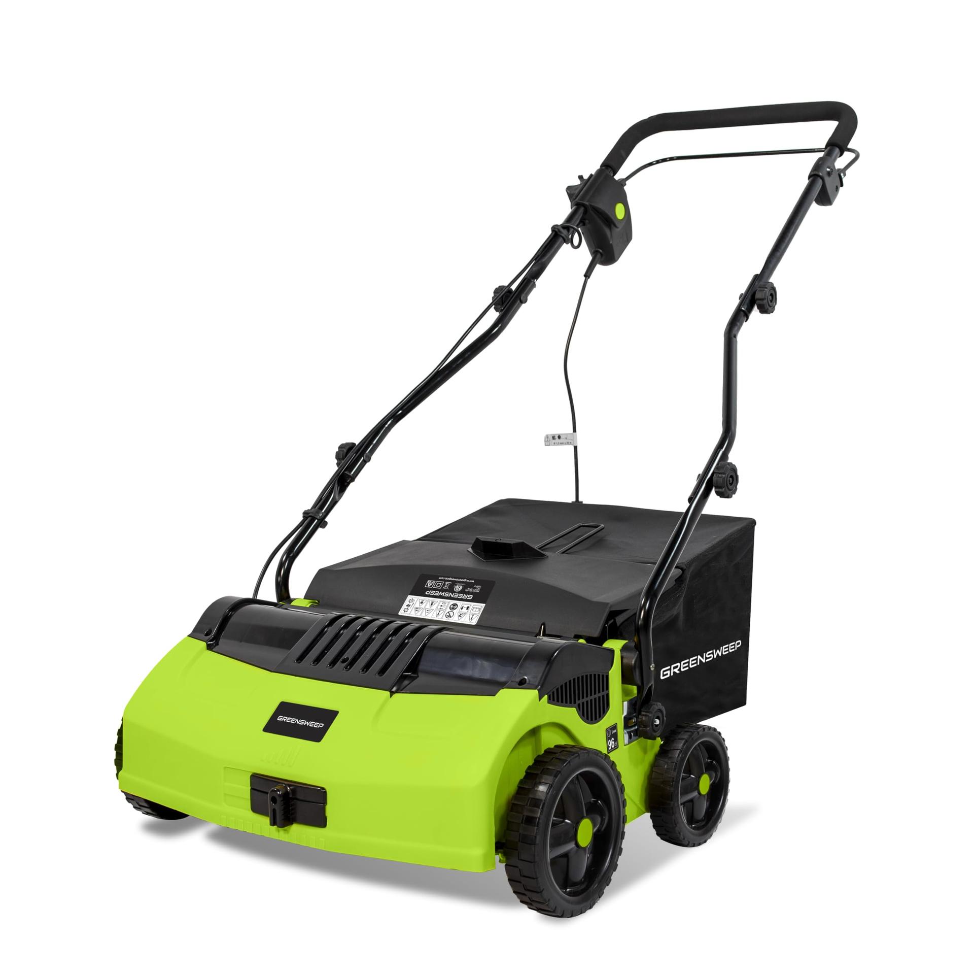GreenSweep V2 - Electric Artificial Grass Sweeper Rake Vacuum with 45L Collection Bag, 5 Adjustable Heights, Foldable Handle