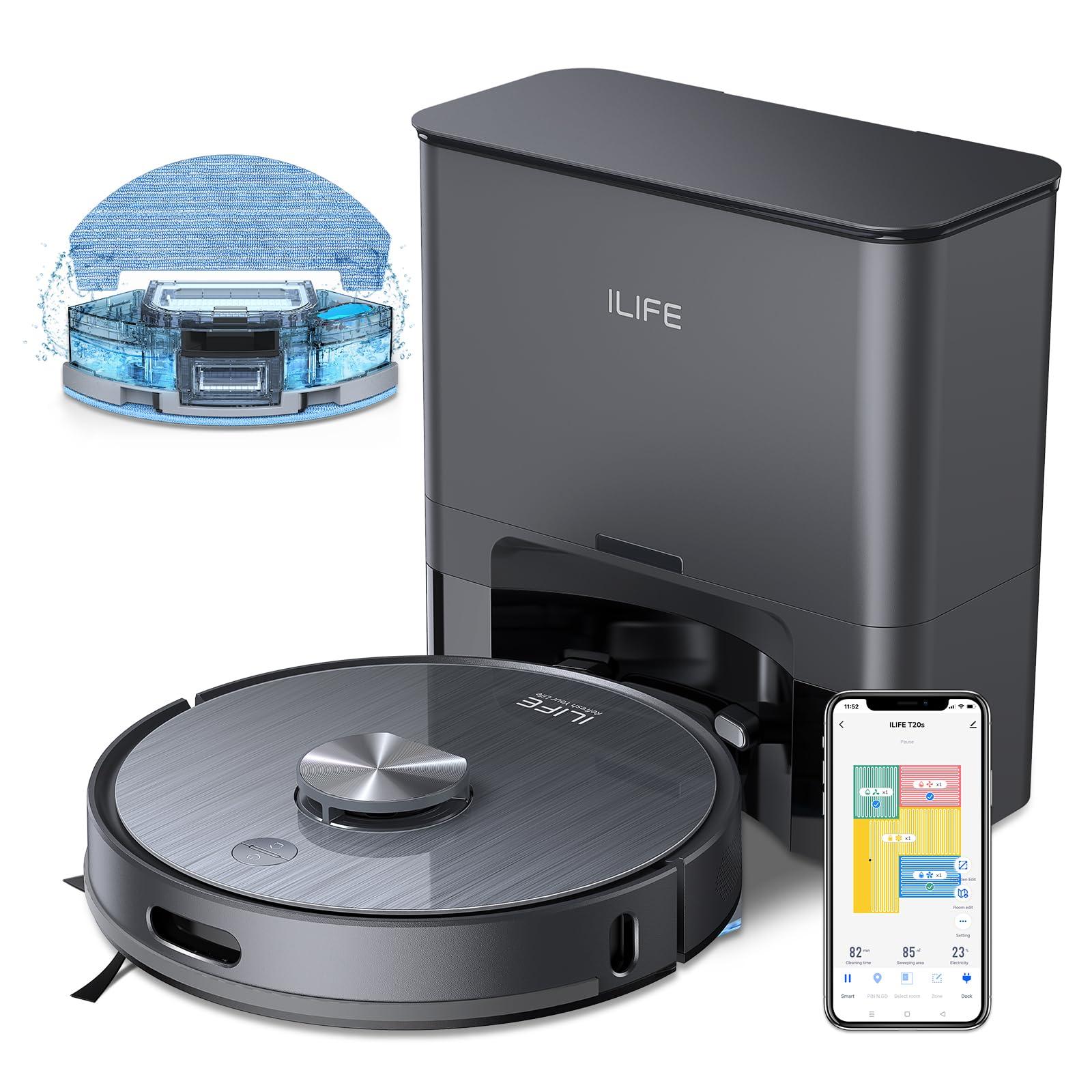 ILIFE T20S Self-Emptying Robot Vacuum and Mop Combo with 5000Pa Suction, Lidar Navigation, 260Mins Runtime, App/Alexa Control - Ideal for Hard Floors, Carpets, and Pet Hair