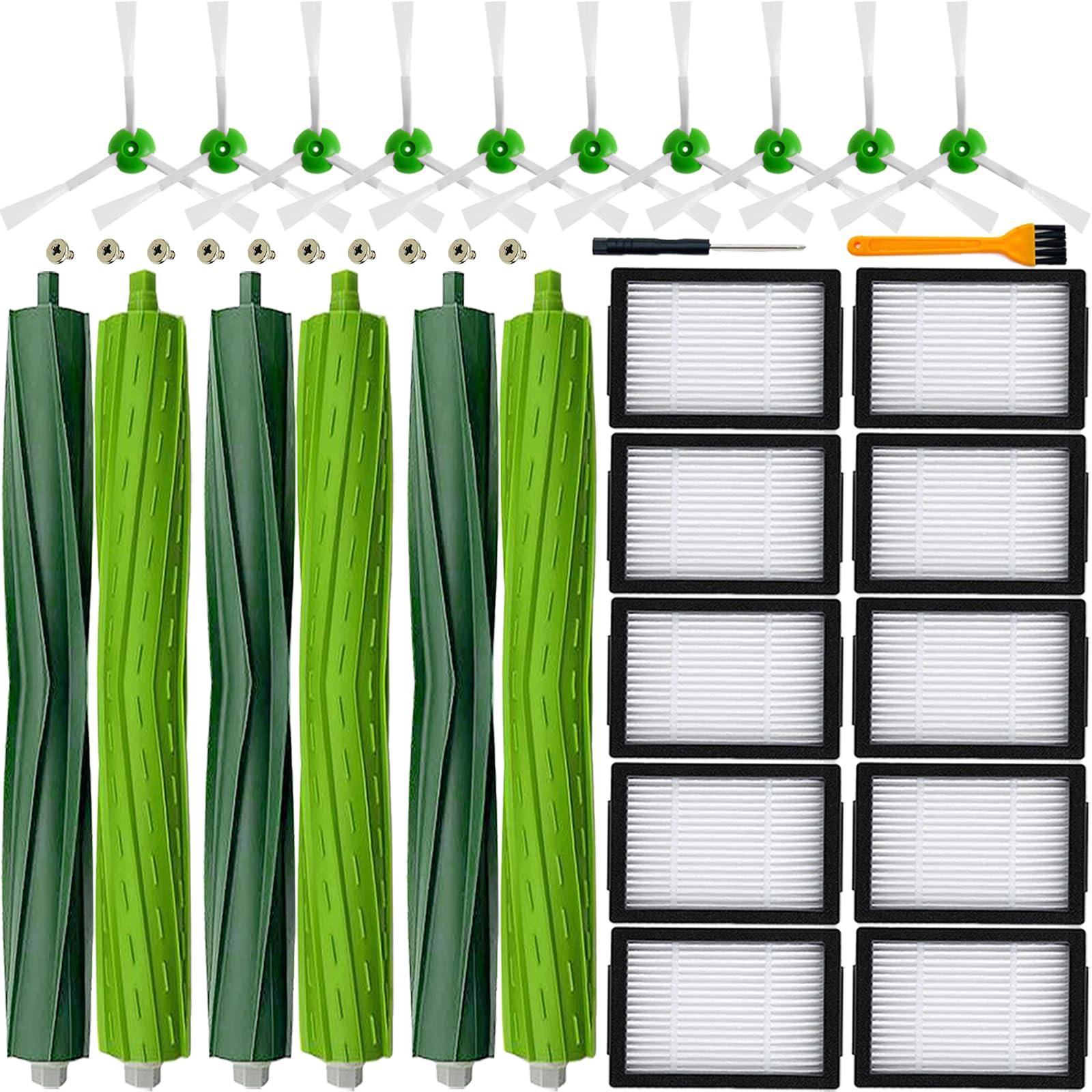 Robot Vacuum Replacement Parts Set for Roomba E, I, & J Series - 3 Rubber Brushes, 10 Filters, 10 Side Brushes