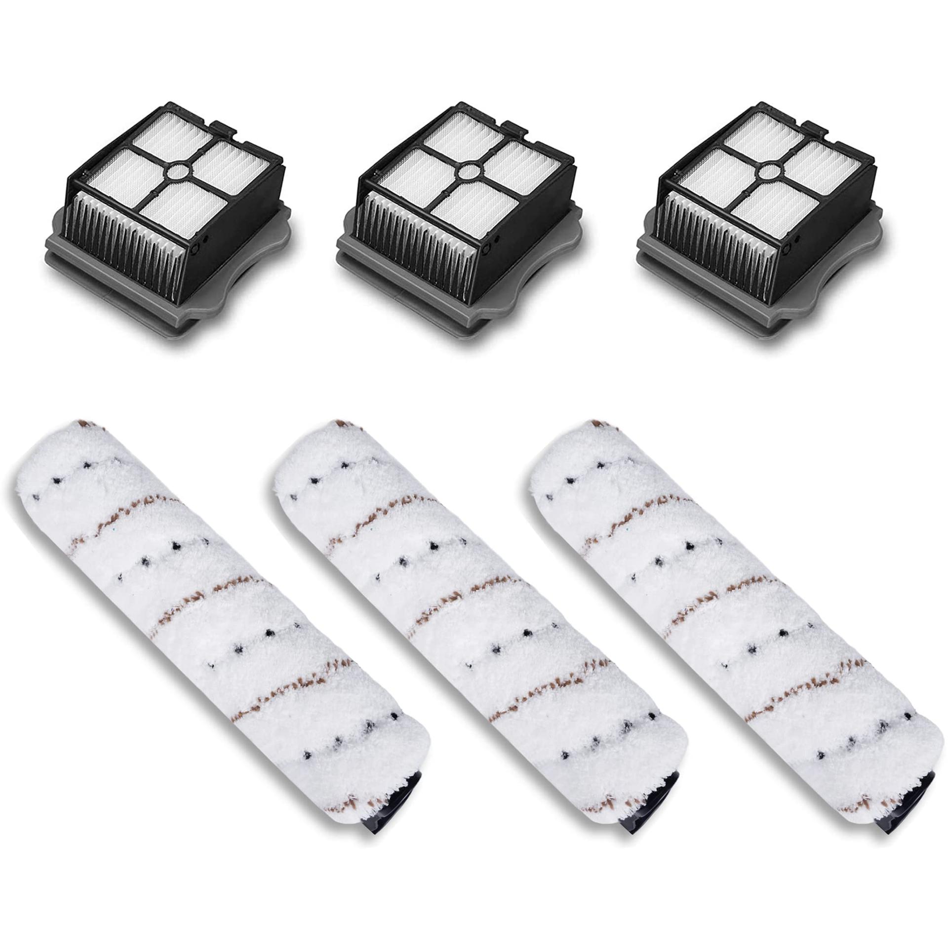 Hard Bristle Roller Brush Upgrade Kit for Tineco iFloor 2 & 3, Breeze Complete, Floor One S3 - 3 Brushes & 3 HEPA Filters