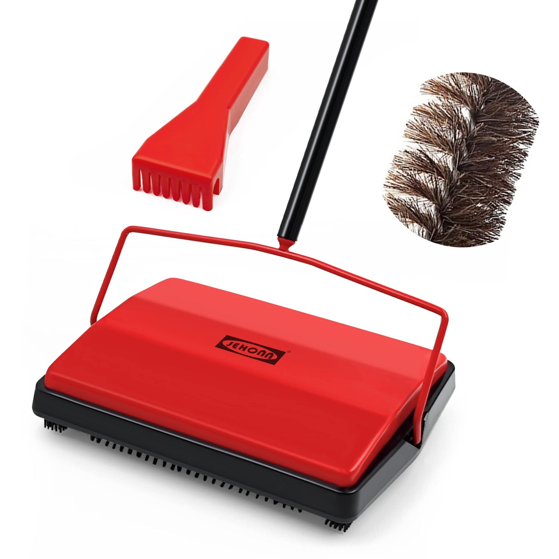 Non-Electric Manual Carpet Floor Sweeper with Horsehair Roller Brush for Pet Hair and Debris (Red)