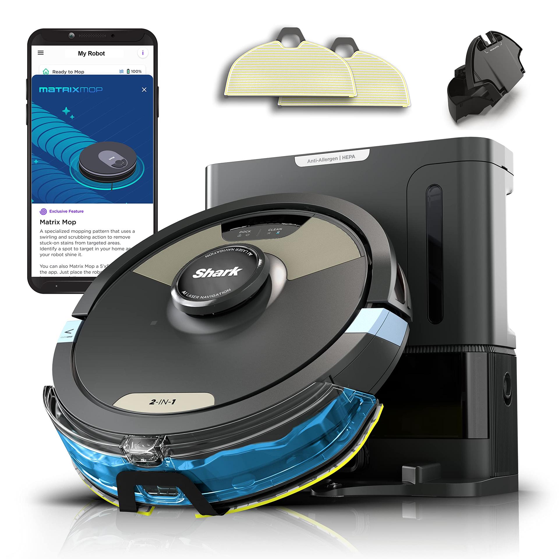 Shark Matrix Plus Robot Vacuum & Mop Combo with Sonic Mopping and Powerful Suction, 60-Day Debris Capacity, Self Emptying Base - Black/Gold