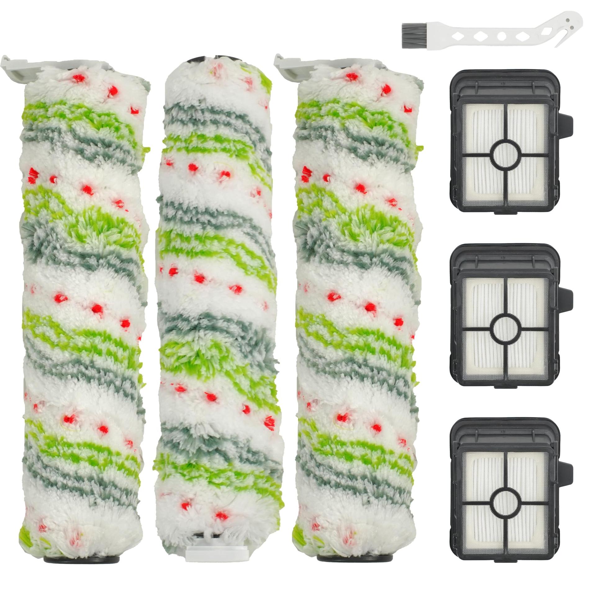 ** 3 Pack Multi-Surface Pet Brush Rolls and Vacuum Filters Compatible with Bissell Crosswave Max - Replacement Parts for Various Models, Including Hydrosteam Vacuums

**DESCRIPTION:** 
Enhance the performance of your Bissell Crosswave Max and HydroSteam vacuums with this 3 pack bundle of multi-surface pet brush rolls and vacuum filters. Compatible with models such as 2554, 2590, 2593, 2596, 35151, 3515, 35152, 3513, and 3518, these replacement parts ensure a seamless fit and optimal functionality.

Crafted from premium materials, the dual-action microfiber and nylon bristles of the 2788 brush rolls effectively mop floors and pick up debris, making them perfect for a variety of surfaces including hardwood, tile, marble, laminate, and linoleum. Paired with the advanced H12 efficiency of the 1866 vacuum filters, these parts are designed to capture even the smallest particles, maintaining a clean environment.

Not only are these replacement parts high-performing, but they are also easy to maintain. Simply wash them under running water and let them air dry before reusing. For optimal performance, it is recommended to replace the brush rolls and filters every 3-6 months.

This valuable package includes 3 brush rolls, 3 replacement filters, and 1 small cleaning brush, providing you with a year's worth of essential components for your Bissell vacuums. Keep your home clean and fresh with these reliable and durable replacement parts.